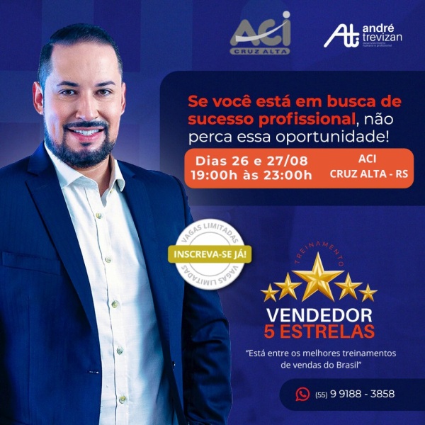 Treinamento Vendedor 5 Estrelas acontece na semana que vem na ACI Cruz Alta
