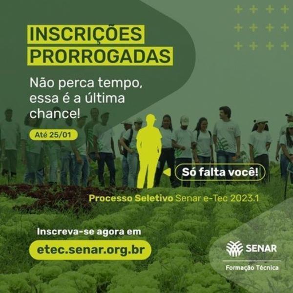 Inscrições prorrogadas para o Curso Técnico em Agronegócio do SENAR