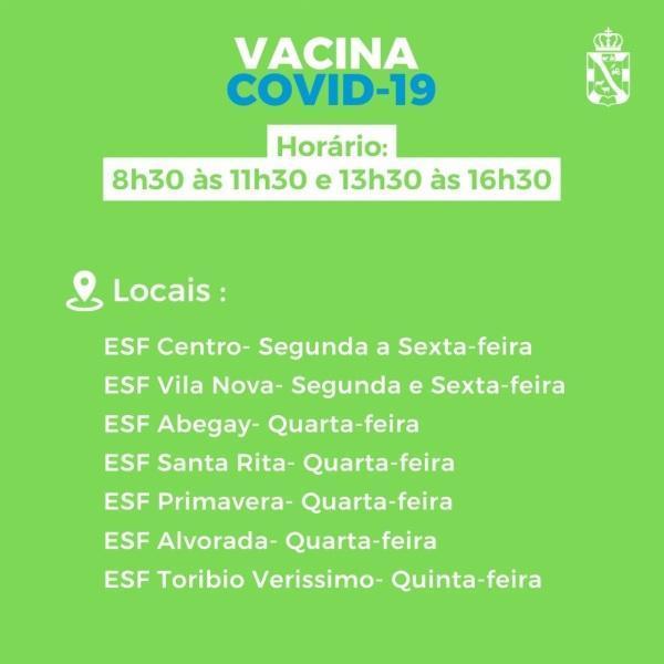Vacinação contra a covid-19 : nesta terça-feira somente na ESF Centro