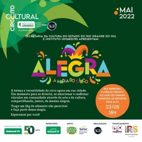 Grupo Tholl apresenta o espetáculo Alegra: A magia do circo hoje em Cruz Alta