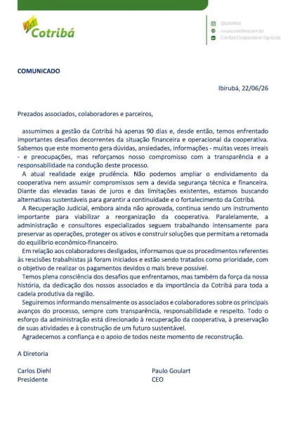 Em nota oficial, Cotribá detalha desafios e ações de reestruturação