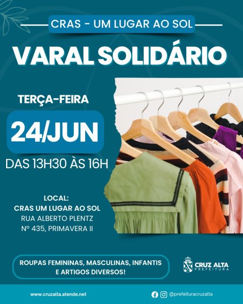 CRAS promove Varal Solidário com roupas e artigos gratuitos em Cruz Alta