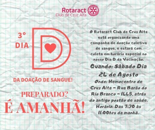 Rotaract realiza neste sábado, 24, Campanha de Doação de Sangue