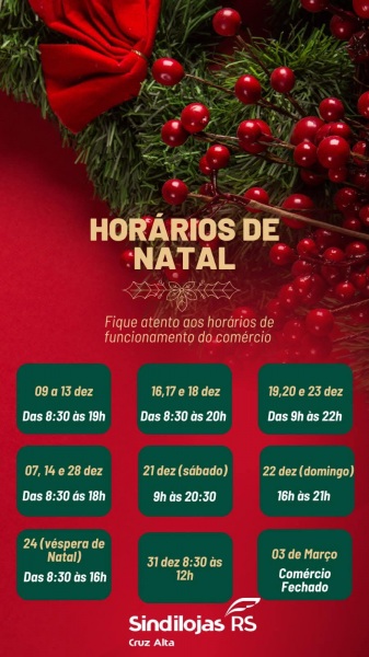 NATAL 2024> Comércio funcionará hoje até as 16h em Cruz Alta