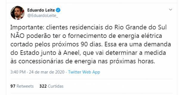 Governador do RS determina suspensão no corte de energia elétrica por 90 dias