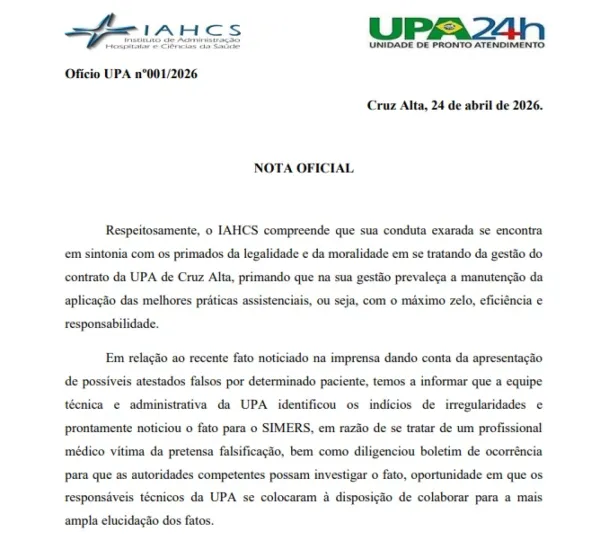 UPA de Cruz Alta divulga nota oficial sobre laudos médicos falsos