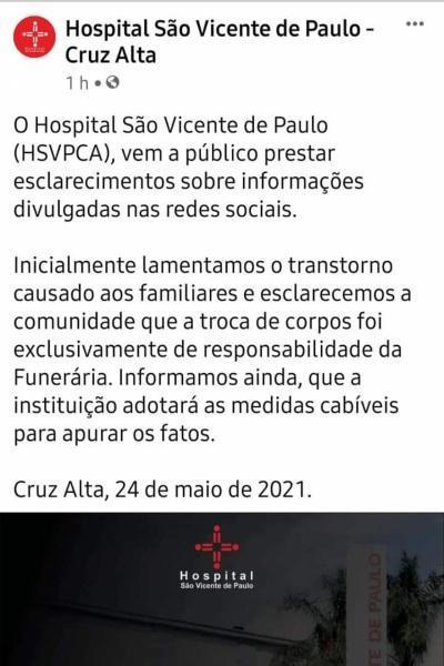 Corpos são trocados no Hospital São Vicente de Paulo em Cruz Alta