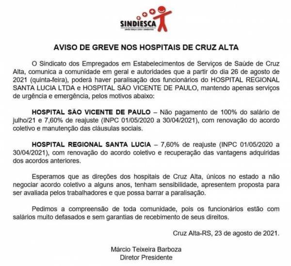  Sindiesca divulga nova sobre greve nos hospitais de Cruz Alta