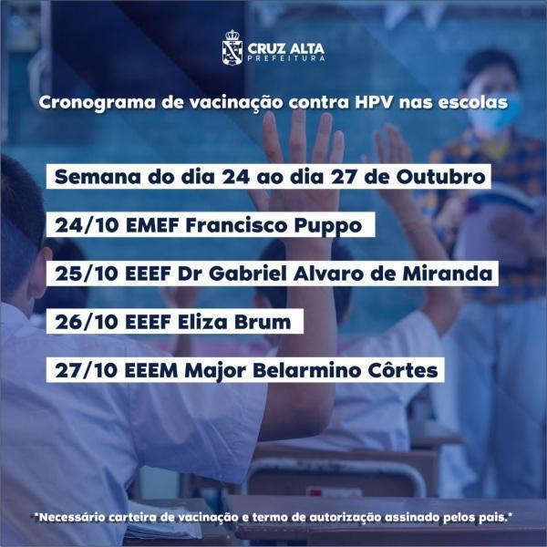 Cronograma de vacinação contra HPV nas escolas de Cruz Alta nesta semana