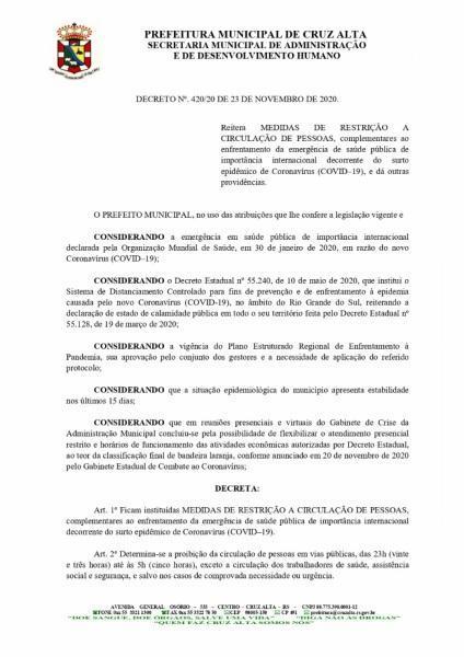 Administração Municipal altera horário do Toque de Recolher