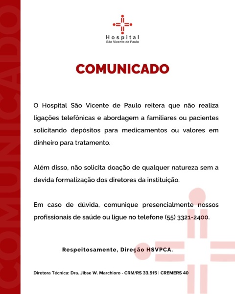 Hospital São Vicente de Paulo Alerta Sobre Golpes Envolvendo Pedidos de Doação