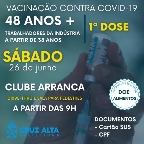 Sábado será dia de vacinação contra a Covid-19 em Cruz Alta