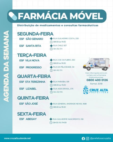 FARMÁCIA MÓVEL> Hoje na ESF Vila Nova e ESF Progresso 
