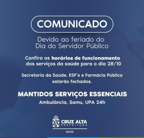 Dia do Servidor: ESFs e Farmácia Pública não terão expediente na segunda-feira
