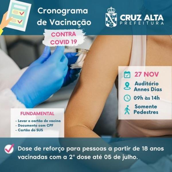 Sábado tem dose de reforço em maiores de 18 anos em Cruz Alta