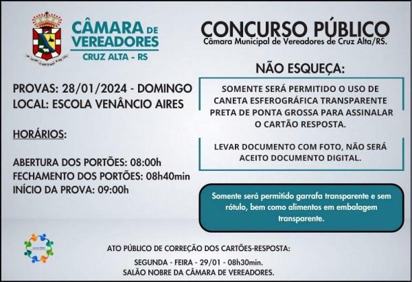 Prova de concurso público da Câmara de Vereadores será aplicada neste domingo
