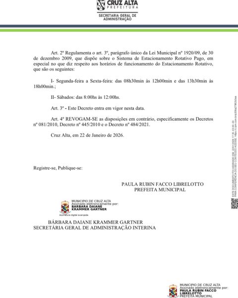 Prefeitura de Cruz Alta altera horários do Estacionamento Rotativo