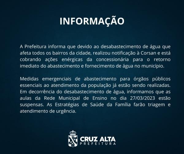 Escolas municipais cancelam aulas e caminhões pipas para UPA e hospitais 