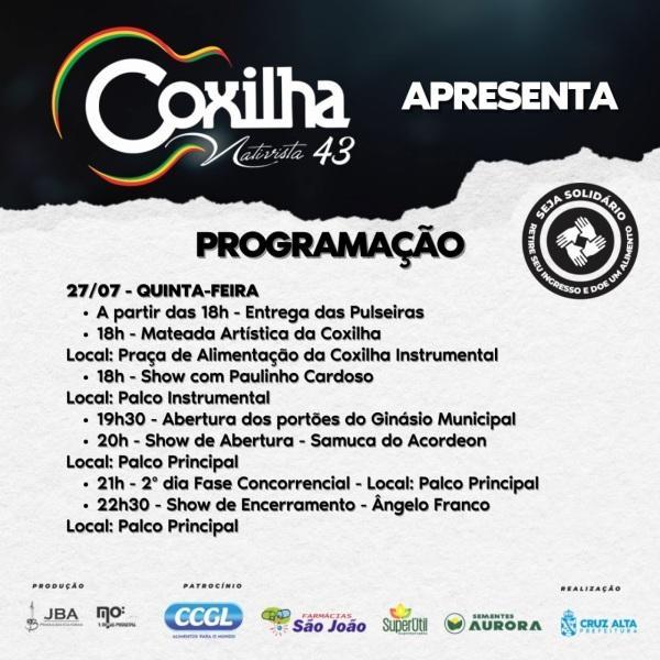 43ª COXILHA NATIVISTA: Hoje, segunda noite de competição e show  Ângelo Franco