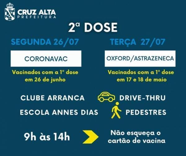 Segunda dose da Coronavac será aplicada nesta segunda-feira em Cruz Alta