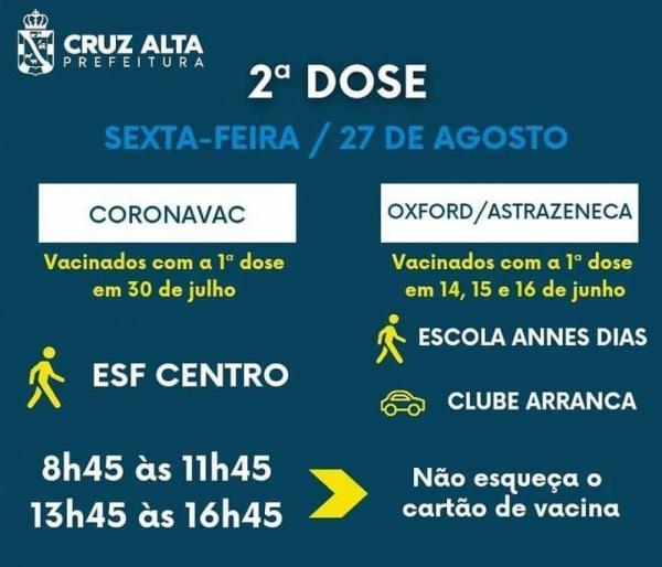 Segundas doses de vacina contra a Covid-19 serão aplicadas na sexta-feira