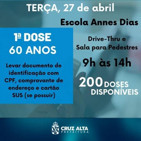 200 doses da vacina contra a Covid-19 serão disponibilizadas hoje em Cruz Alta