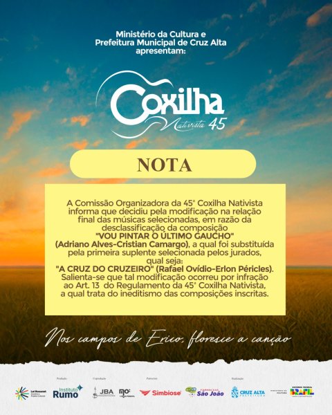 Música é desclassificada da 45ª Coxilha e suplente assume vaga