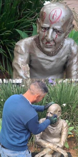 Estátua do Erico Verissimo novamente vandalizada ; equipe da prefeitura limpou