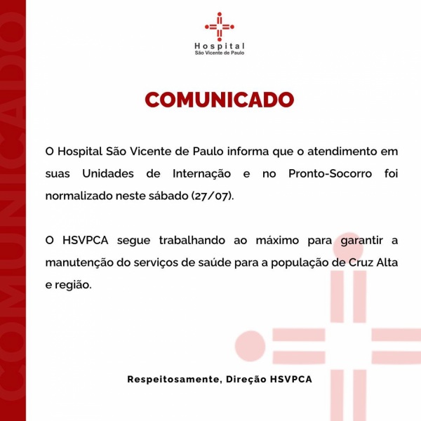 Hospital São Vicente de Paulo Normaliza Atendimento Após Período Crítico