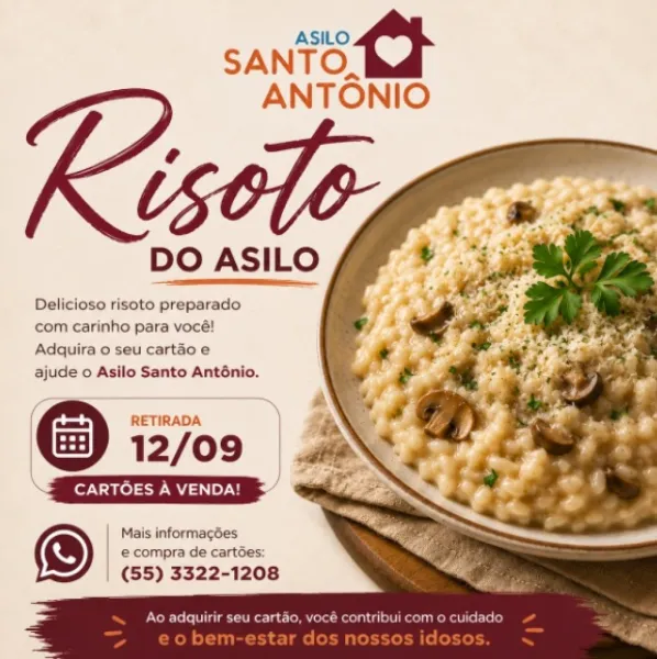 Asilo Santo Antônio promove venda de risoto beneficente para apoiar idosos