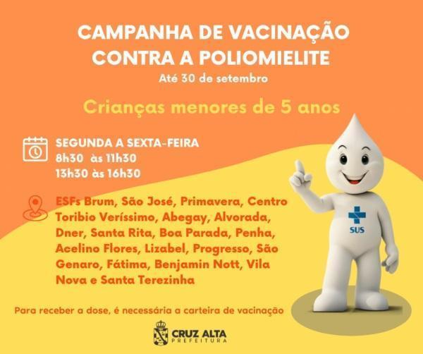 Vacinação contra a Poliomielite segue até a próxima sexta dia 30 de Setembro