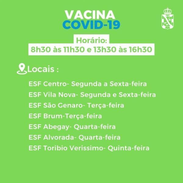 Vacinação contra a covid-19 :  Nesta terça  ESF Centro, S. Genaro e Brum