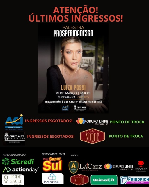ÚLTIMOS INGRESSOS> Palestra com a Cantora Luiza Possi será segunda no Arranca
