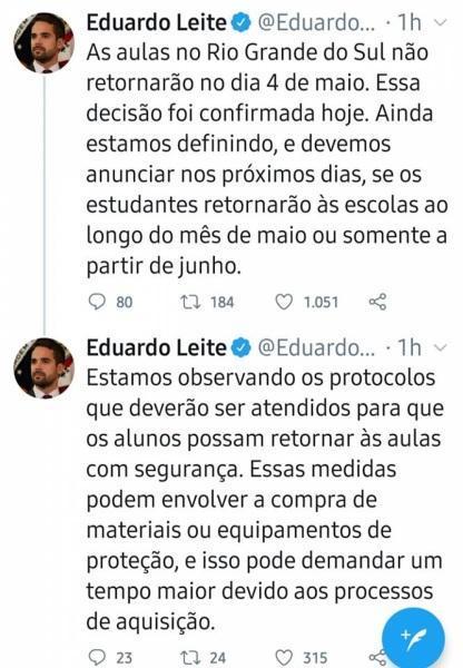 Suspensão das aulas é prorrogada no RS, anuncia Governador Eduardo Leite