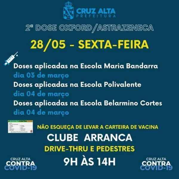 Aplicação da segunda dose da vacina de Oxford/Astrazeneca será realizada hoje