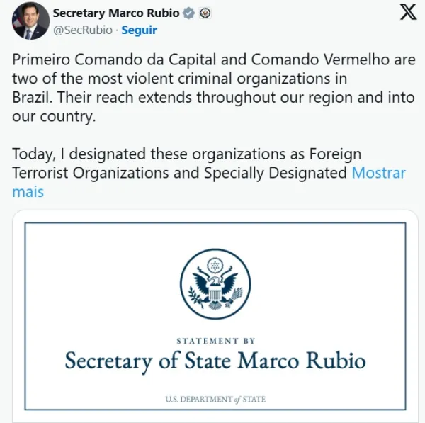 Estados Unidos classificam PCC e Comando Vermelho como grupo terrorista