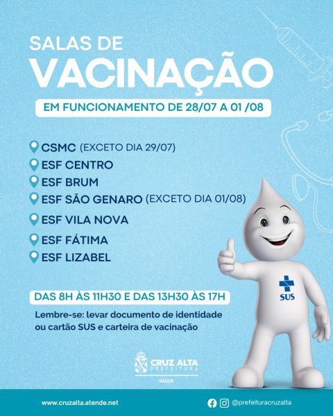 Cruz Alta divulga cronograma de funcionamento das salas de vacina nas ESFs