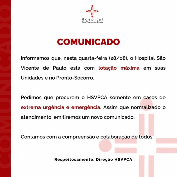 SAÚDE_CRUZ ALTA> Hospital São Vicente de Paulo atinge lotação máxima