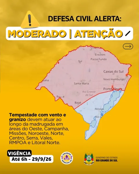 Defesa Civil alerta para tempestades com vento e granizo no RS