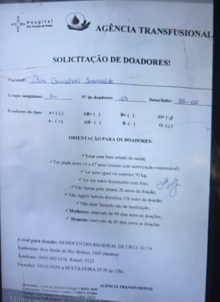 Hemocentro de Cruz Alta busca doadores de sangue A+, A-, 0+ e O- em Cruz Alta