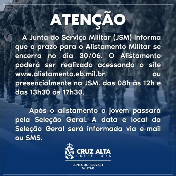 Junta do Serviço Militar informa que prazo para alistamento encerra hoje 30.06