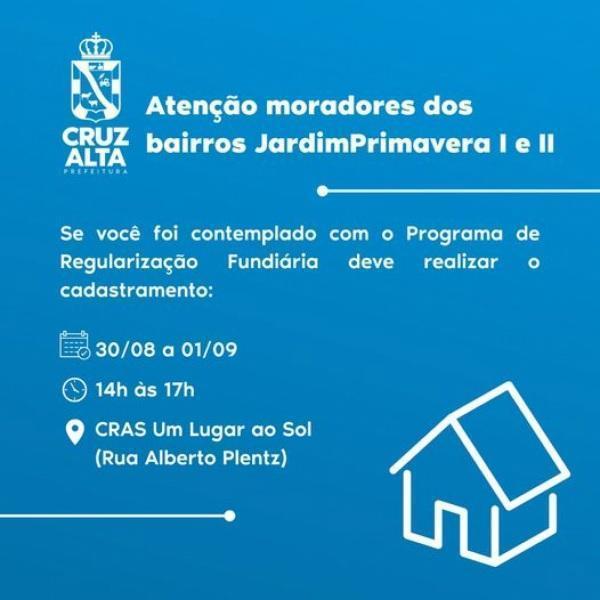 Moradores do Jardim Primavera devem se cadastrar para regularização fundiária