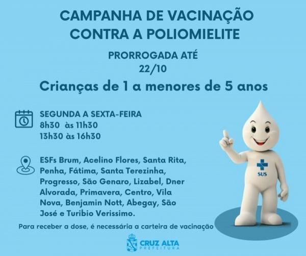 Campanha de vacinação contra a pólio e multivacinação é prorrogada