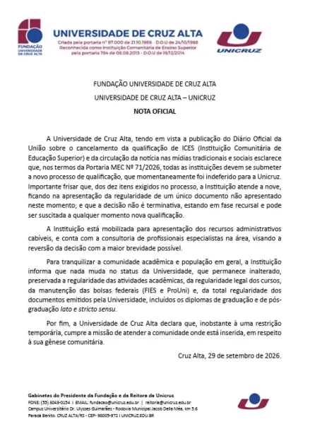 MEC suspende temporariamente qualificação comunitária da Unicruz
