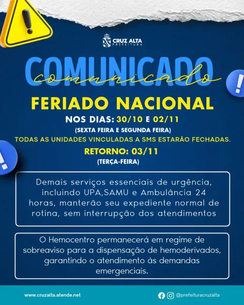 ESFs de Cruz Alta fecham hoje dia 30 de outubro até o dia 2 de novembro
