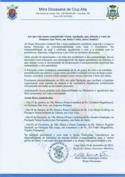 Diocese de Cruz Alta divulga transferências e nomeações de padres para 2024
