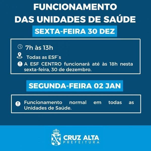 FIM DE ANO: ESFs funcionarão hoje na sexta até às 13h; ESF Centro até às 18h