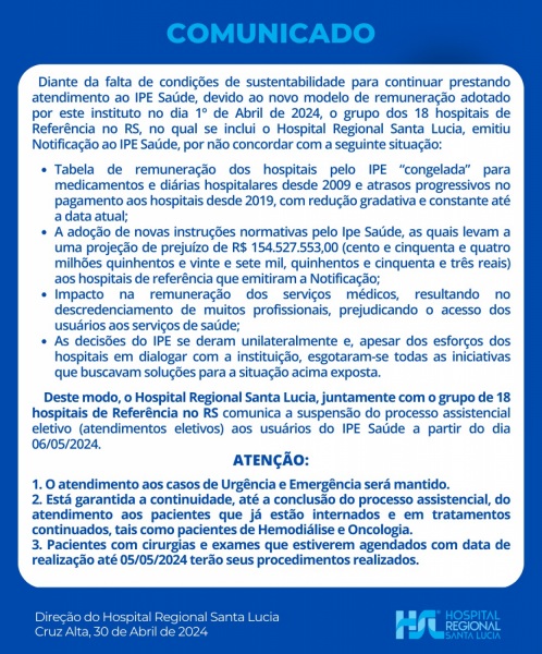 SITUAÇÃO DO IPE SAÚDE>Hospital Regional Santa Lúcia divulga comunicado oficial