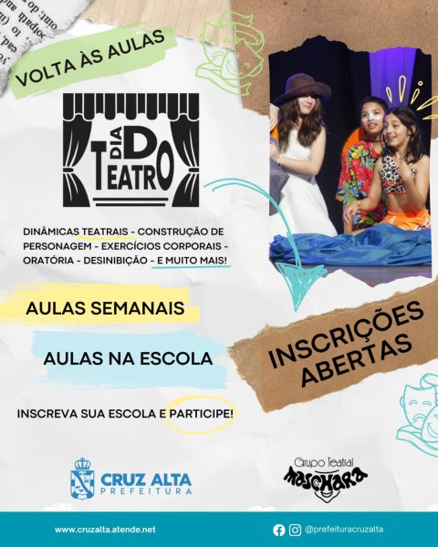 Inscrições abertas para oficinas do Projeto Dia D Teatro nas escolas