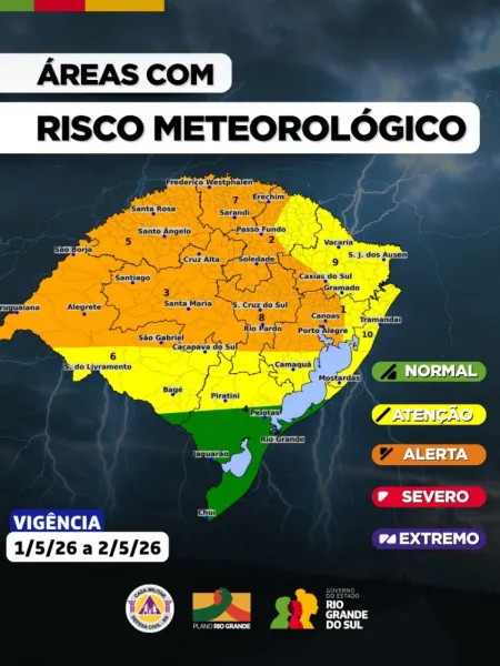 ATENÇÃO: Frente fria avança e traz risco de chuva forte e temporais no RS